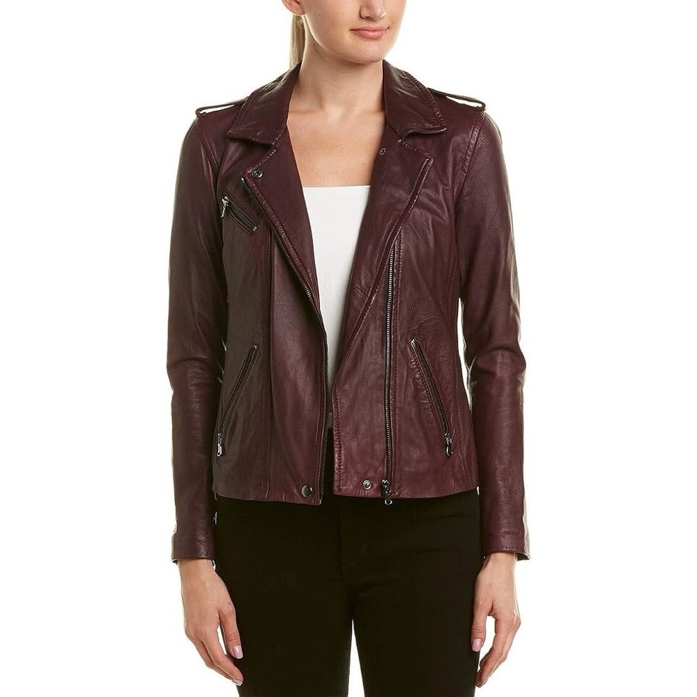 Rebecca Taylor Burgundy Lamb Leather Moto Jacket Women's Size 2 Zip Pockets